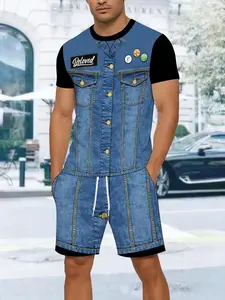 Men's Digital Print Summer Fashion Two-Piece Set, Short Sleeve Round Neck T-Shirt and Pocket Drawstring Shorts, Casual Fitted Style