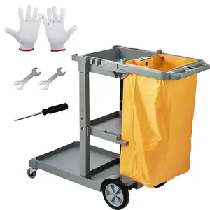 VEVOR Cleaning Cart, TikTokShopBlackFriday, 3-Shelf Commercial Janitorial Cart, 200 lbs Capacity Plastic Housekeeping Cart, with 25 Gallon PVC Bag, 47" x 20" x 38.6", Yellow+Grey