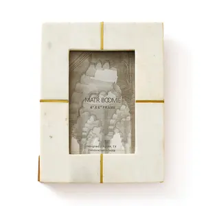 4x6 White Picture Frame - Carved Marble Brass Inlay