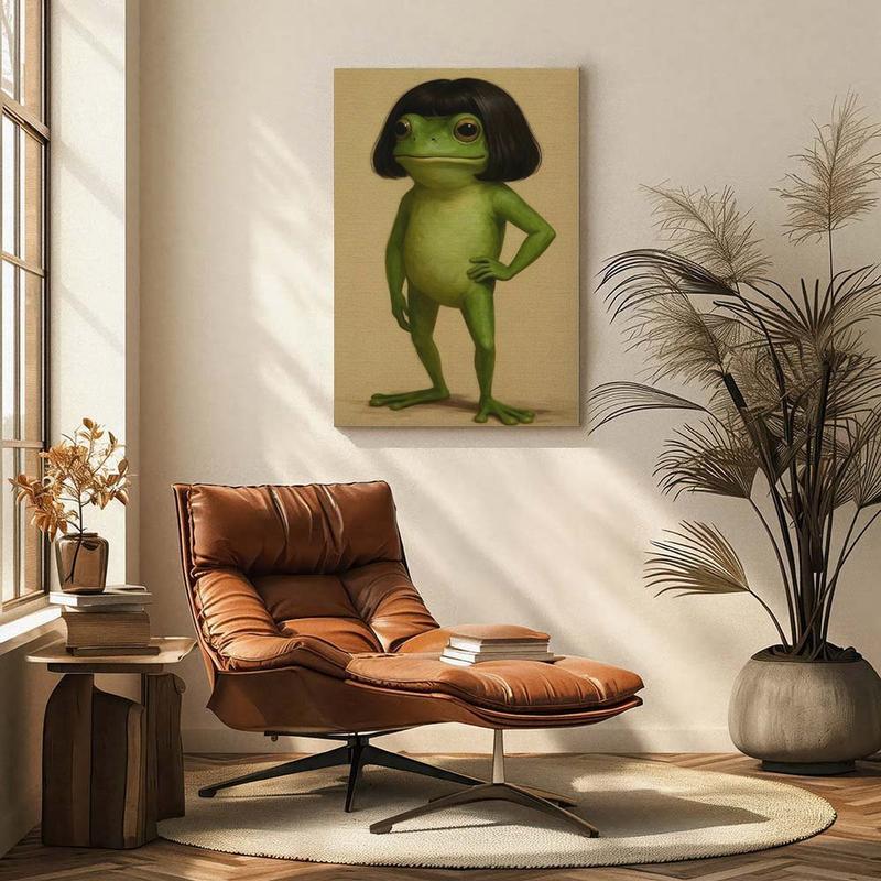 Whimsical Frog Portrait Canvas Poster Funny Animal Abstract  Mimalist Green  Funny Frog Poster Art Print Bob Haircut Kids Playroom Decor Frog Lover Gift Unique Wall Art quirky wall decor opossum humor artwork funny poster 24x  36 unique art decor posters