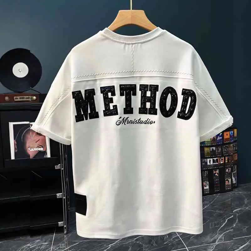 American Retro Heavyweight Patchwork Letter Embroidery Short Sleeve T-Shirt for Men Summer New Loose Fit Versatile Half Sleeve Top short sleeve t-shirt short sleeve t-shirt men ewh i patriotic boy tee classic cotton tee tees
