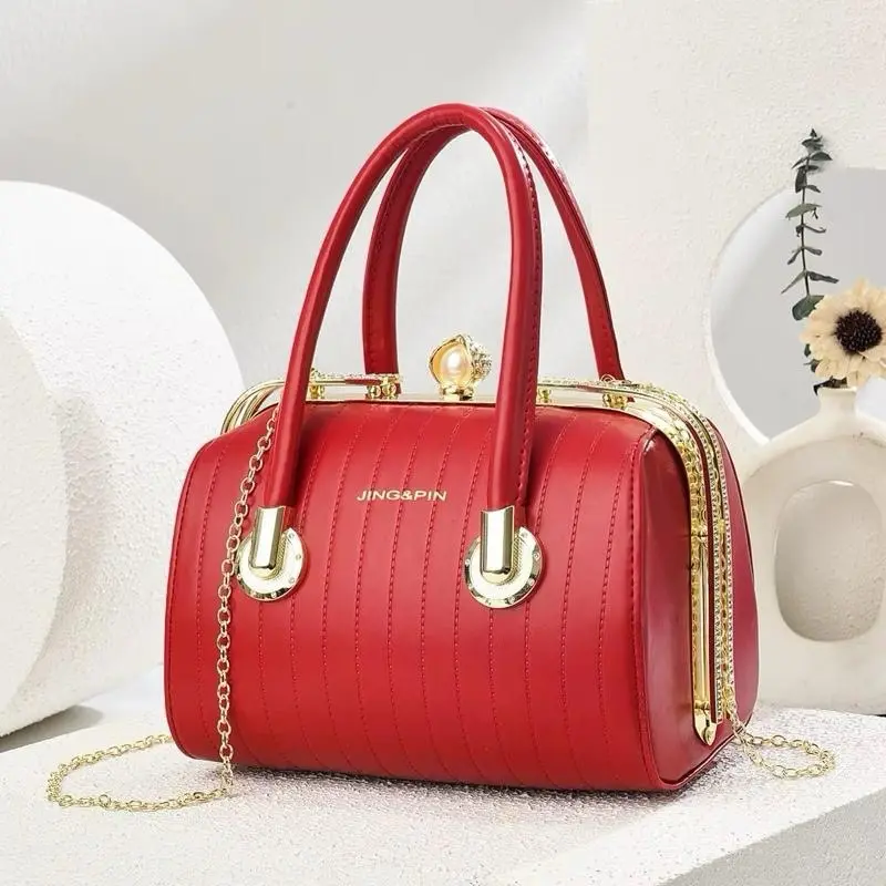 Women’s Red Luxury Synthetic Crossbody Handbag, Casual High-Capacity 1-Size Bag with Magnetic Closure