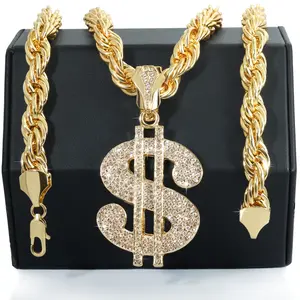 Cash Money Sign Fully Iced | 14K Rope Necklace Gold Plated 10mm