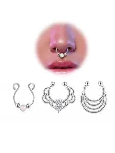 Fashionable 316L Stainless Steel Fake Nose Ring, No Piercing Clip-On Nose Ring, Septum Ring with Transparent Zircon, Trendy Body Jewelry