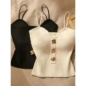 Women’s clothing [2pcs Elegant Tube Tops] 2pcs Knit Tops | V-neck, mock-neck camisoles in black and white, faux button details, perfect for outerwear or layering, adult fashion, solid color, 100 g/m² fabric weight chic women’s wear gamis basic