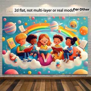 1pc, Children Reading on a Cloud in Space Background Decoration Background Photo Props, Polyester Banner Decor, Home Decor, Room Decor, Wall Decor, Party Background Decor, Party Decor/ supplies/ gifts Decorative Background