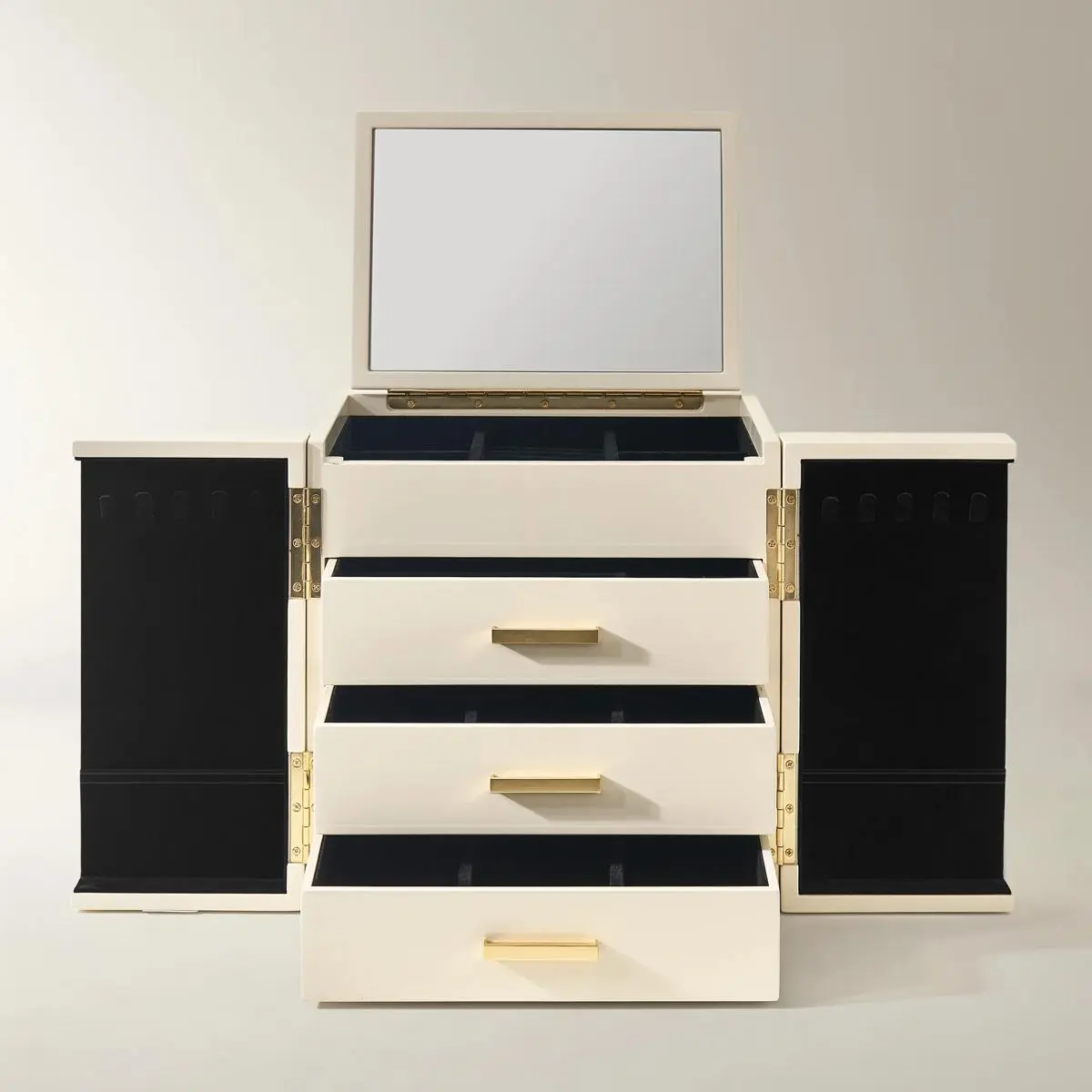 Z Gallerie Imported Rectangular Fresco Velvet Freestanding Jewelry Box - High-Gloss Ivory Lacquer, Box Organiser, Elegant Jewelry Organizer, Multi-Drawers, Compartments, Hidden Storage, Mirror, Dresser Organization, Wipeclean Gloss, Modern Gifting Option