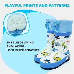 SAIYU boys and girls toddlers outdoor cute dinosaur print pattern rubber rain boots warm, comfortable and soft, suitable outdoor play and travelling.