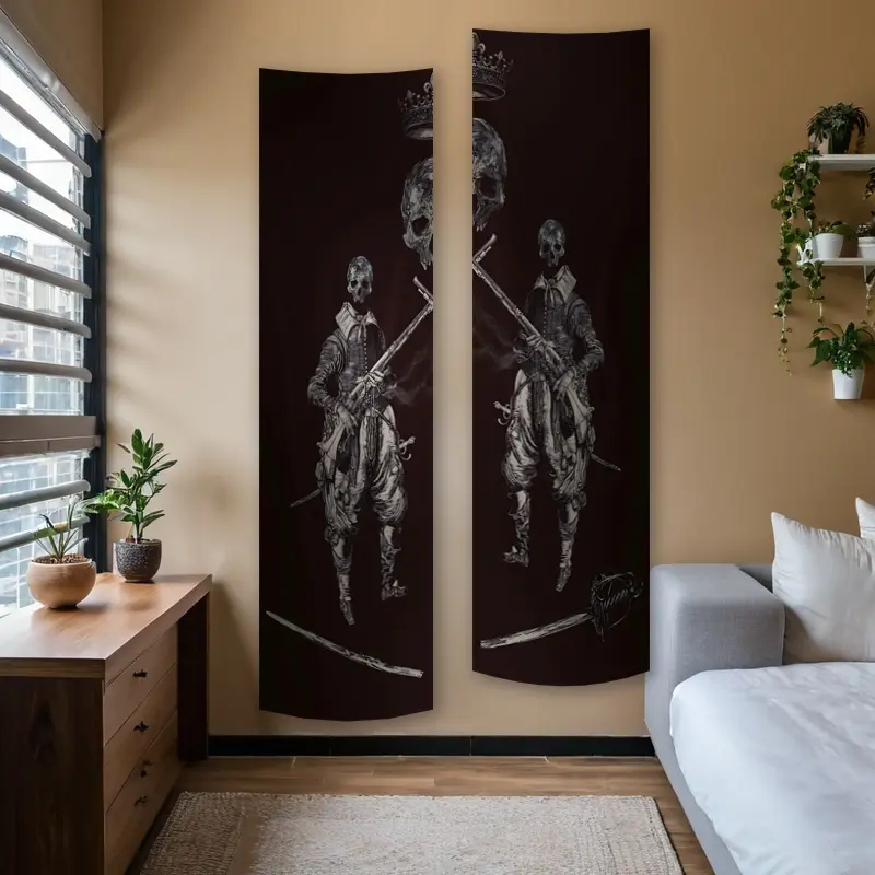 Skull Soldier Vertical Banner Tapestry Wall Hanging Crown Long Narrow Wall Tapestry Dark Golden Aesthetic Art Tapestries Ideal Gifts for Home Decor Enthusiasts Polyester Stitched Edges Wall Decor for Bedroom Living Room Decorative Tapestry