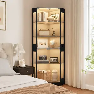Garvee 71" 5-Tier Corner Curio Cabinet, Double Glass Doors with 3 Color LED Light, Sensor, Adjustable Shelves & Charging Ports, Black