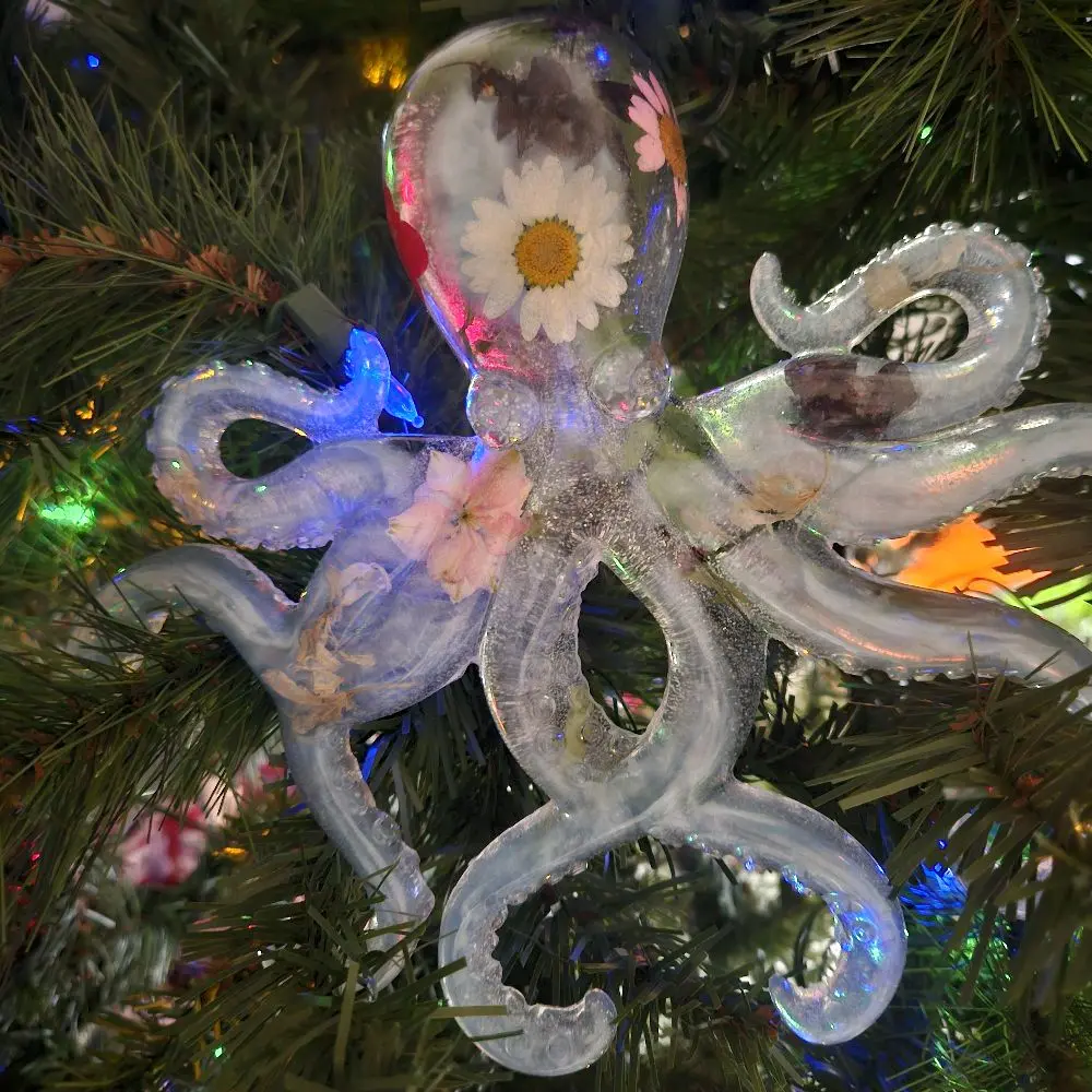 Epoxy Resin Octopus Large Custom Design Figurine with Glitter & Pressed Flowers for Unique Decor