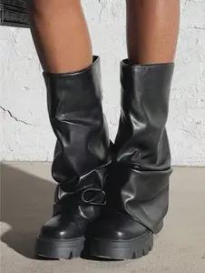Stylish Foldable Platform Boots For Women Chunky Heels Casual Comfortable Mid-Calf Boots For Daily Wear
