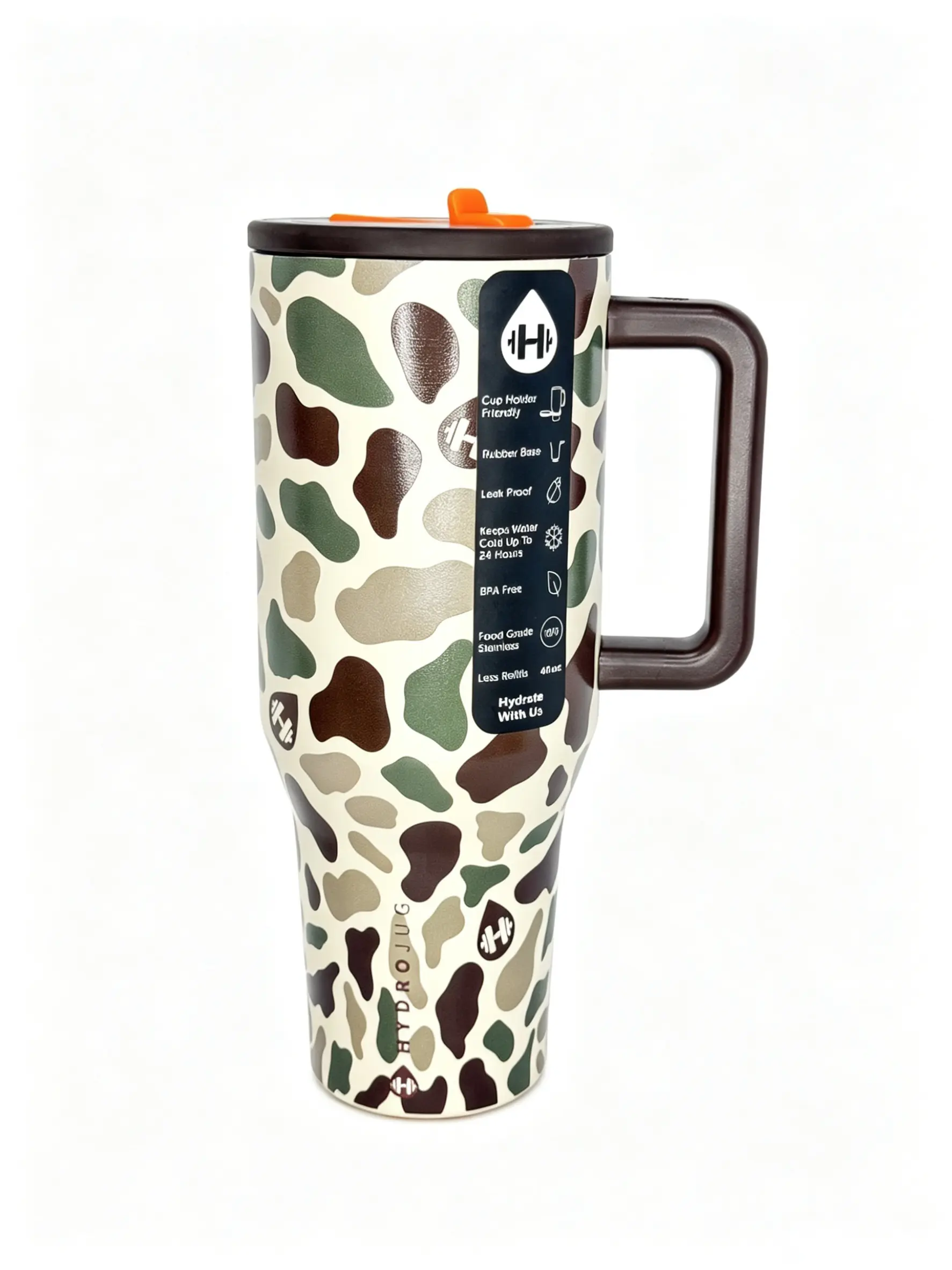 HydroJug 40oz Printed Insulated Vacuum Tumbler - Stainless Steel, Leakproof, 24hr Cold Retention, Handle & Straw, Car Cup Holder Friendly Portable Drinkware for Iced Coffee