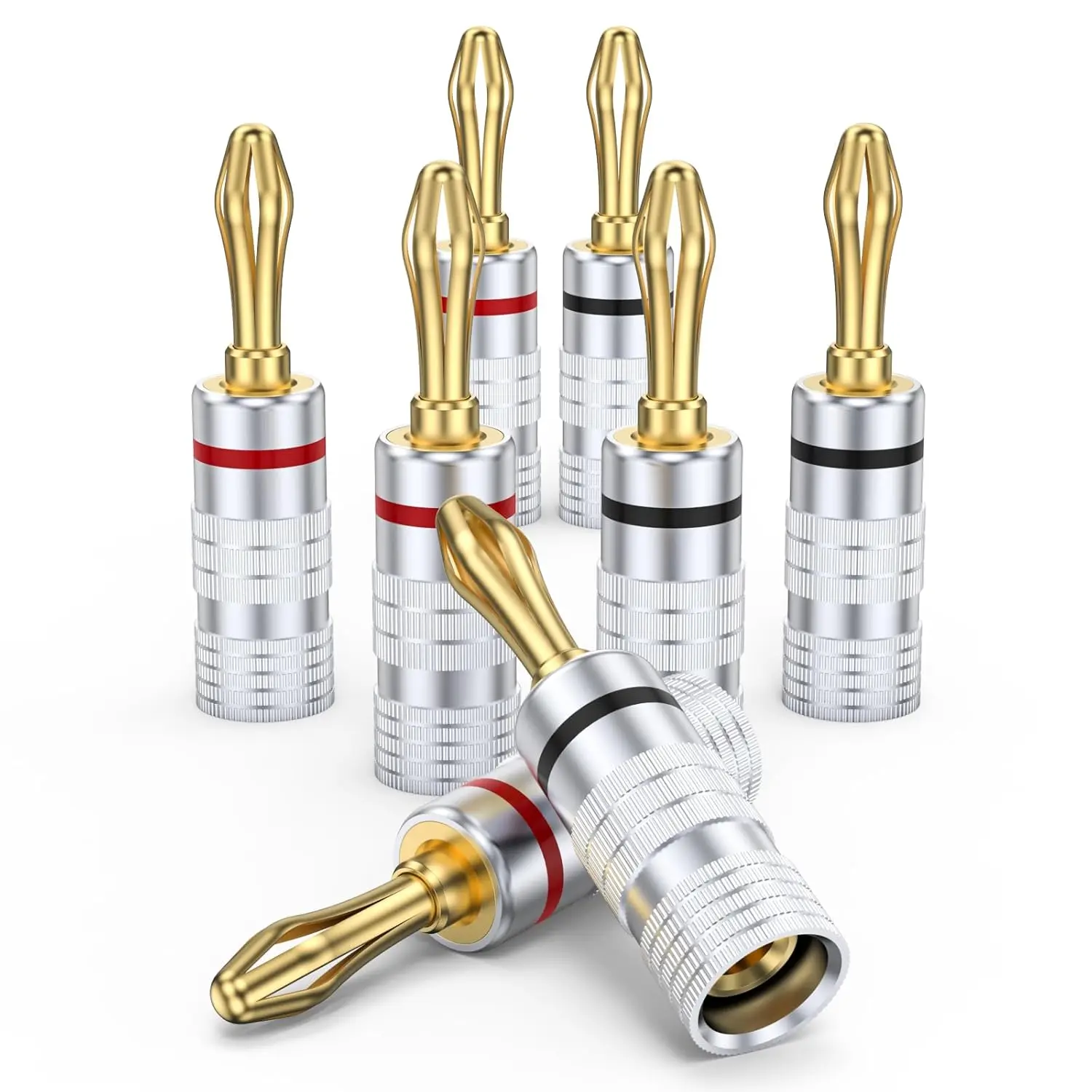 Banana Plugs for Speaker Wire (4 Pairs/8 pcs), Brass Speaker Connectors with Dual Set Screws, Black and Red Shell Banana Plugs for  Theater, A/V Receiver, Amplifiers and Sound Systems