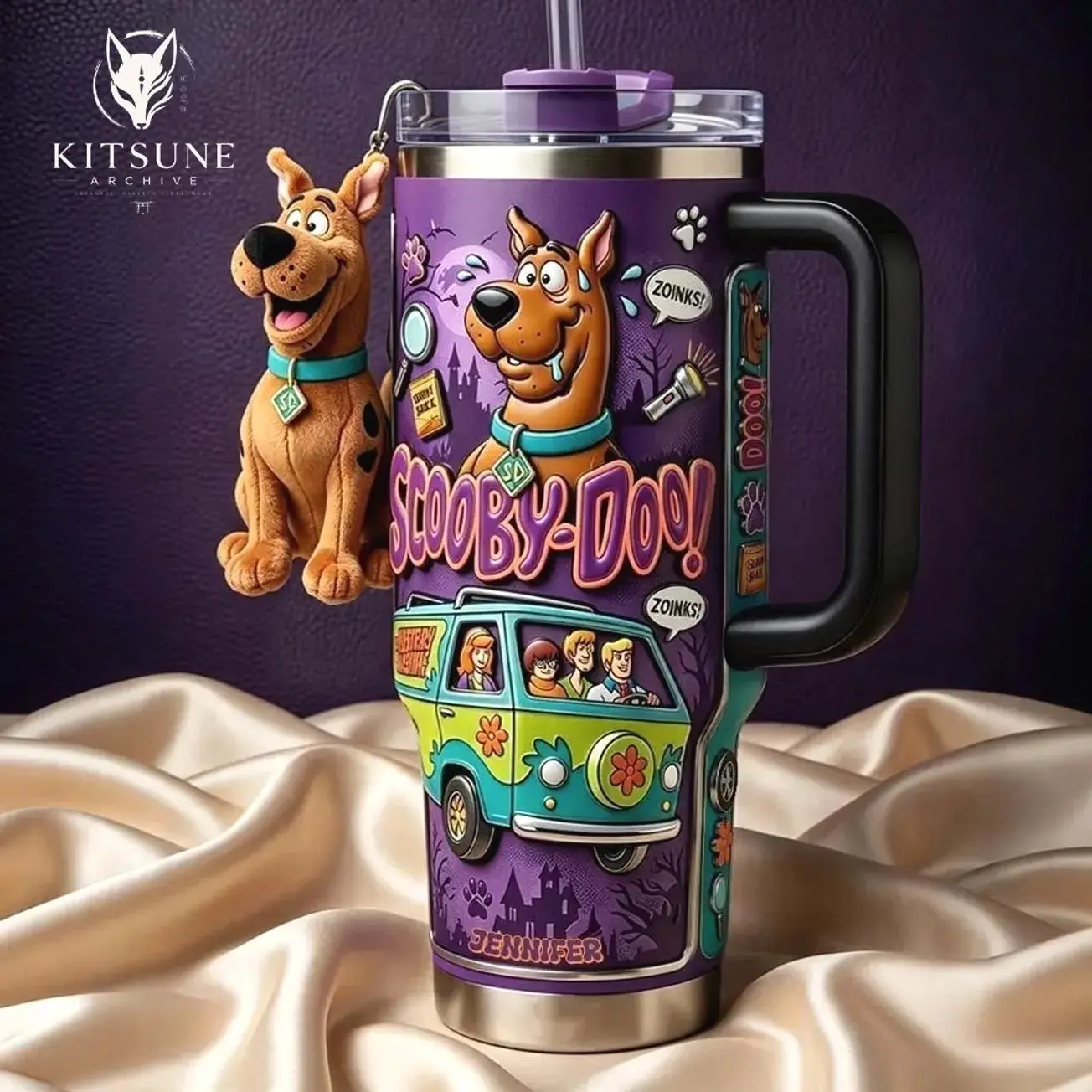 [Kitsune Archive] Scooby-Doo 57th Anniversary 40oz Tumbler With Handle & Straw, Limited Edition 1969-2026 Collector Cup, Mystery Machine & Scooby Inspired Travel Mug, Retro Cartoon Halloween Gift, Vacuum Insulated Stainless Steel Drinkware