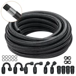 VEVOR 6AN Fuel Line Kit, 20 FT Fuel Hose Kit, 0.34" Nylon Stainless Steel Braided Fuel Line Oil/Gas/Diesel Hose End Fitting Kit, with 12 PCS Swivel Fitting Adapter Kit, Black
