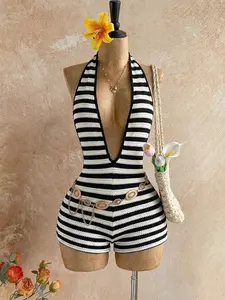 Retro vacation style | Black & white striped handmade halter knit romper shorts — sexy backless design Womenswear