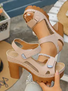 Women's Summer Thick Sole Platform Sandals, Velcro Chunky Heel Waterproof Wedge High Heels, Retro Roman Style Toe-Exposed Shoes