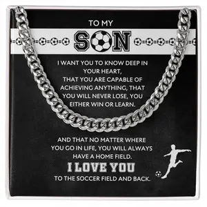 To My Son Soccer Necklace, Cuban Link Chain Necklace Gift for Birthday, Minimalist Jewelry with Message Card Box, Real Chains for Men
