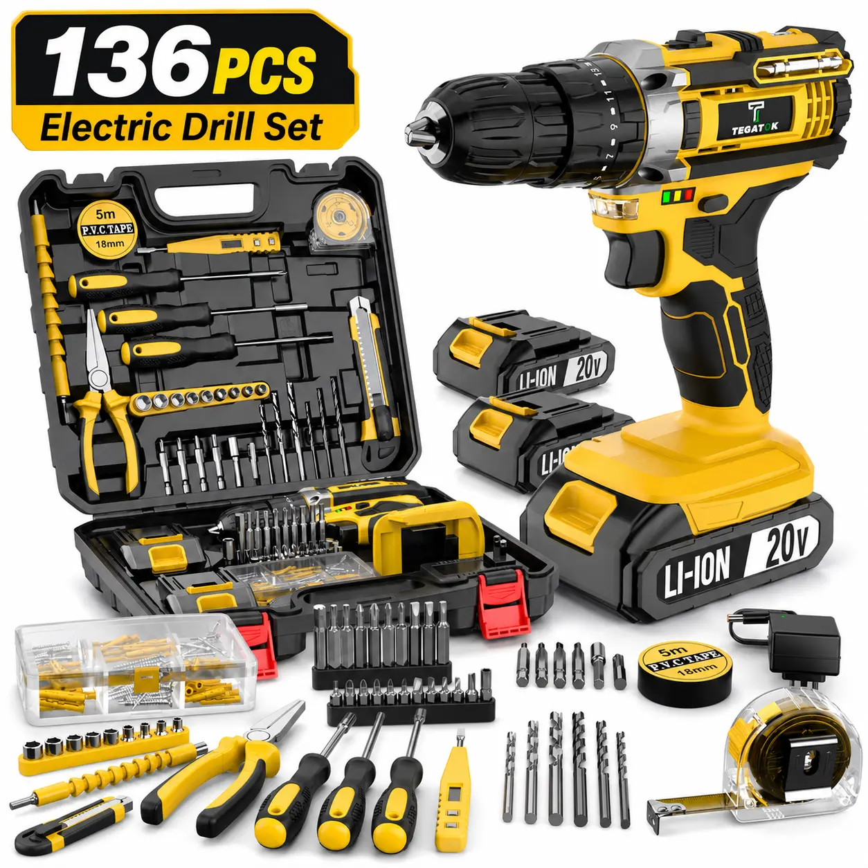 {Cordless Drill Tool Kit}136PCS 20V Cordless Drill Set with 2 Batteries, Electric Power Drill Kit with Tool Case, Drill Bits, Screwdriver Bits, Hammer, Pliers, Tape Measure, Utility Knife for Home Repair, Furniture Assembly, Wood Drilling, DIY Projects