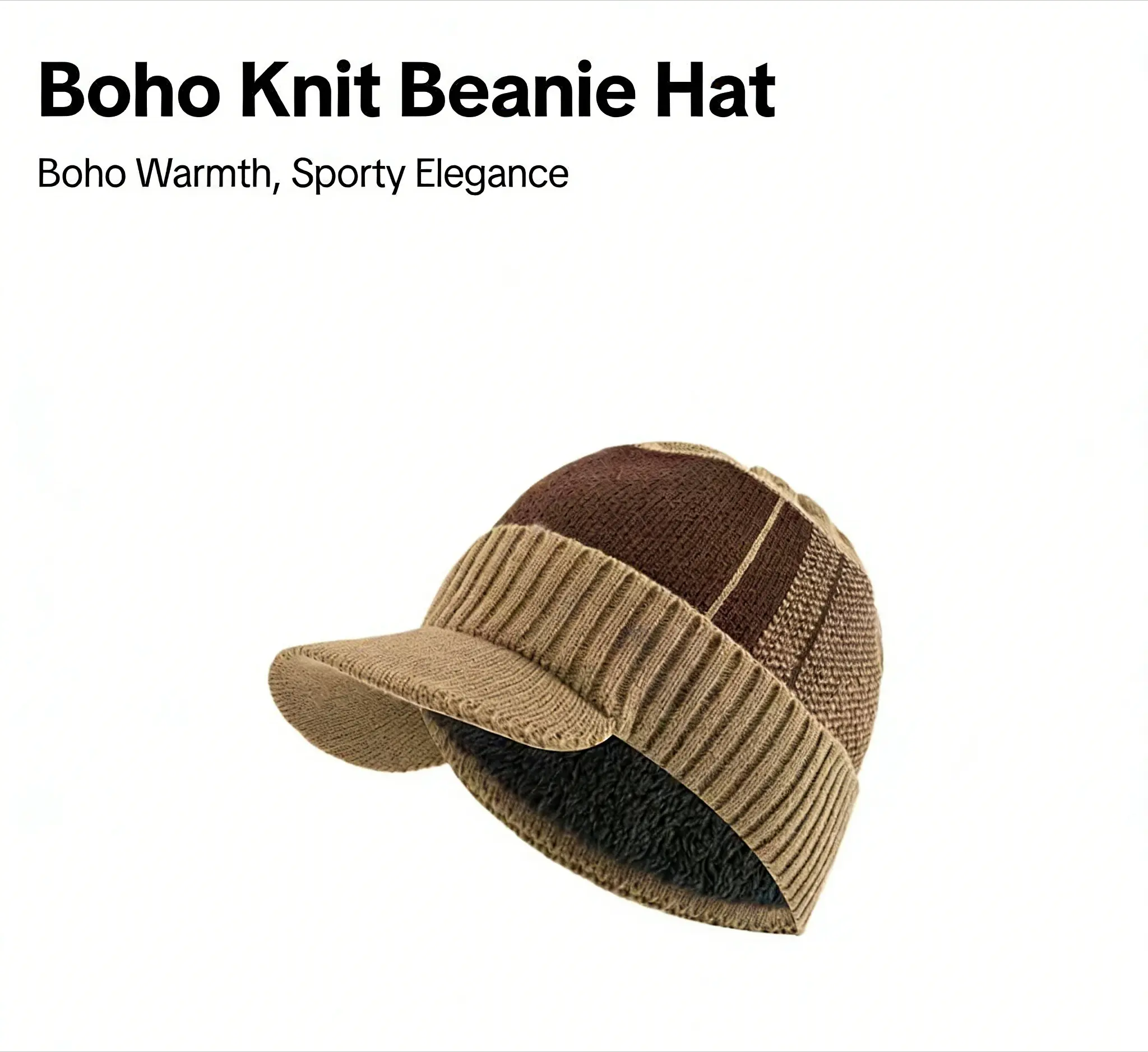Men’s Khaki Knitted Sport Beanie with Embroidered Logo & Plush Lined Brim – 1pc, Boho Style