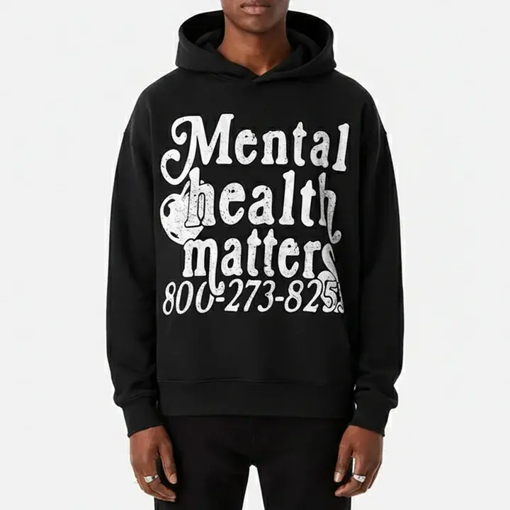 Sopula Studio Men's Black Cotton Hoodie - Casual Streetwear Long-Sleeve Pullover Top with Mental Health Matters Text Print, Graphic Design, Standard Sizes, M