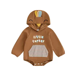 Baby Boy Thanksgiving Romper Letter Stripe Print Long Sleeve Hood Turkey Jumpsuit Infant Toddler Clothes Bodysuit