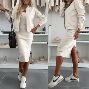 ChicMe 2 Pieces Outfit Bomber Jacket Square Neck Sleeveless Valentine's Day Slit Back Stretchy Bodycon Dress and Button Front Baseball Sporty Coat Set for Wedding & Wedding Guest