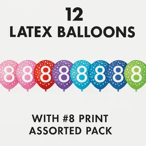 Colorful 12" Latex Balloons with #8 Print - Assorted Pack