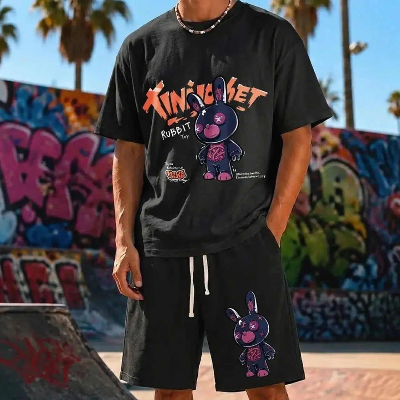KING RABBIT Streetwear Set: Oversized T-Shirt and Shorts, Y2K Hip-Hop Graphic Apparel