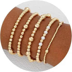 7 Pcs Gold Bead Bracelet for Women, 14K Gold Plated Beaded Bracelet Stack, Stretch Ball Elastic Bracelet Set 7 Inches