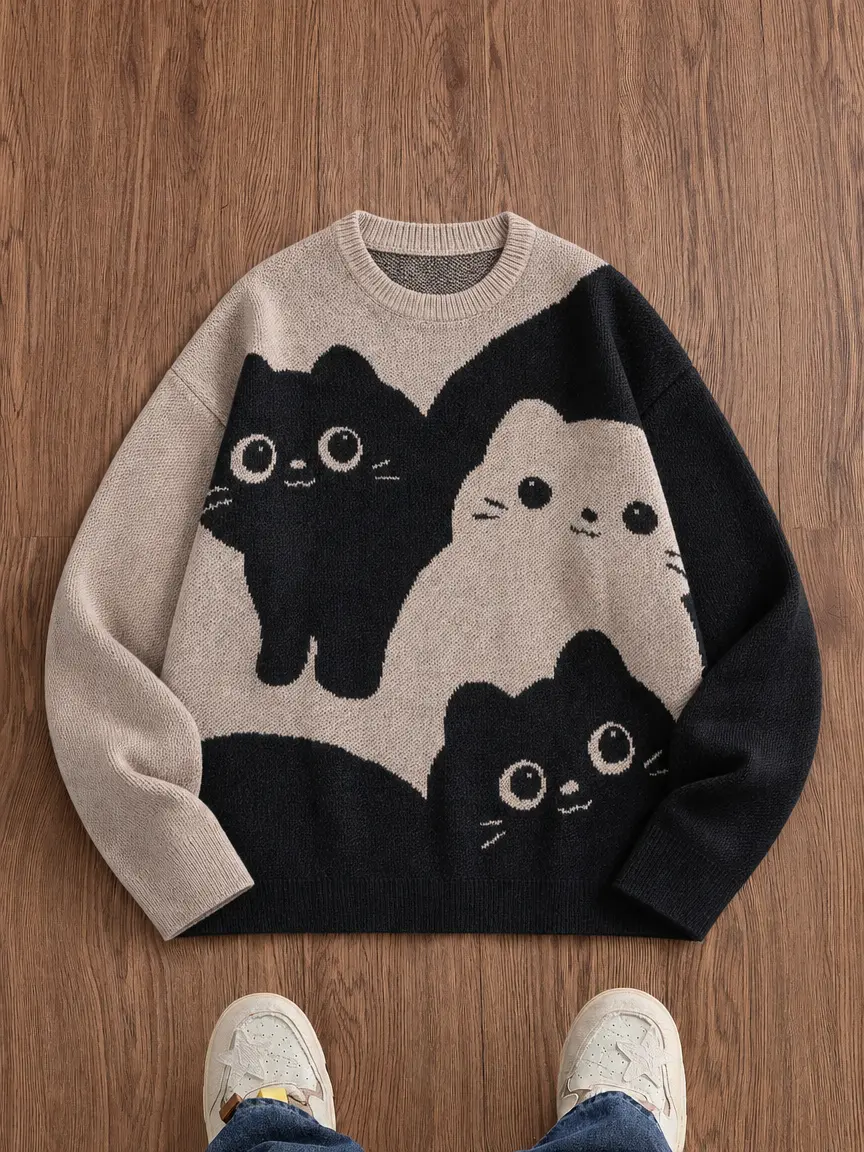 Color-block jacquard knit crewneck sweater with cartoon cat design, unisex loose relaxed fit, casual autumn/winter top
