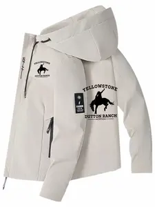 Men's Yellowstone Hooded Jacket, Dutton Ranch Western Cowboy Print Coat, Spring & Fall Casual Slim-Fitting Outerwear