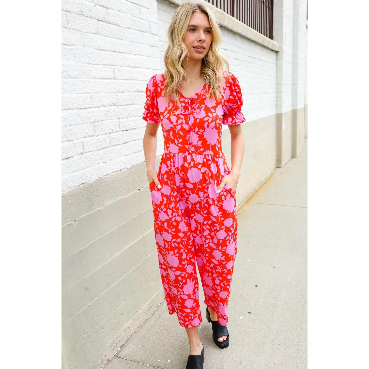 Spring Vibes Fuchsia Floral Print Ruffle Sleeve Wide Leg Jumpsuit