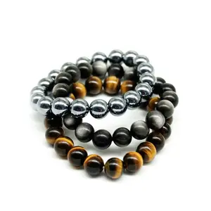 Triple Protection Crystal Bracelet Set Sliver Obsidian,Hematite,Tiger's Eve，Round Stone Beads Stretch Bracelet