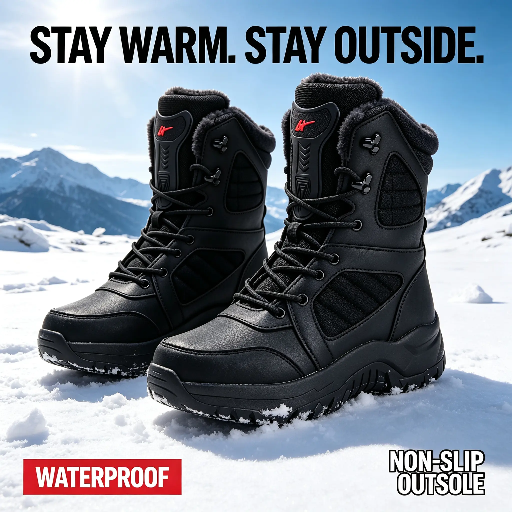 Men’s Lace-Up Plain Ankle-High Round Toe Winter Boots - Waterproof Upper, Soft Fleece Lining, Rugged Anti-Slip Rubber Soles, Athletic Cold Weather Footwear for Daily Wear, Snow Walking