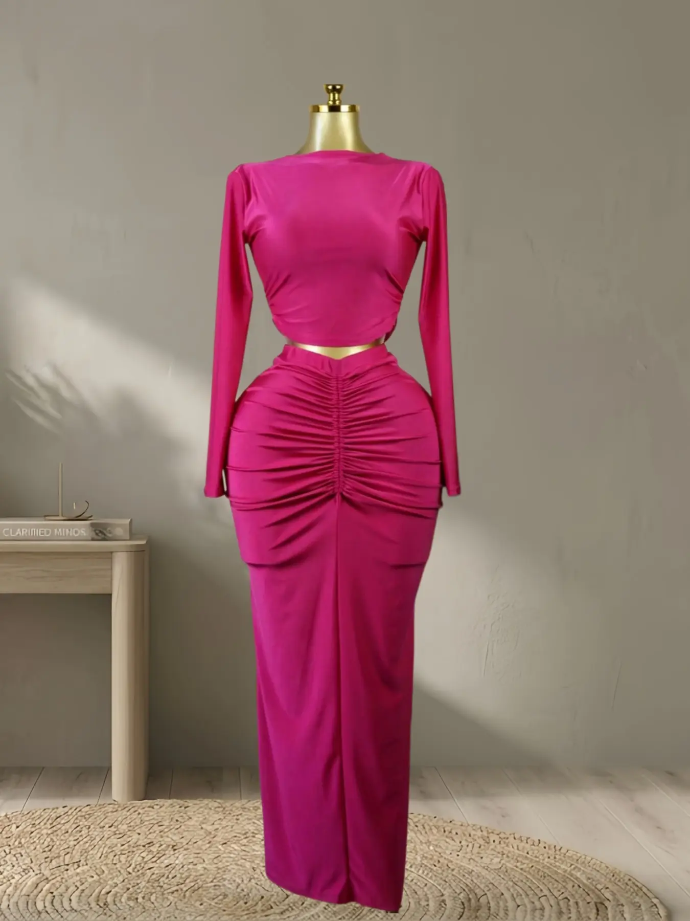 burgundy v neck maxi dress Goddiva Gathered Shoulder Wrap Neck Draped Waist Maxi Dress main image 1