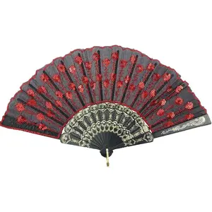 Elegant Colorful Embroidered Flower Peacock Pattern Sequin Fabric Folding Handheld Hand-Crafted Hand Fan (A-Red)