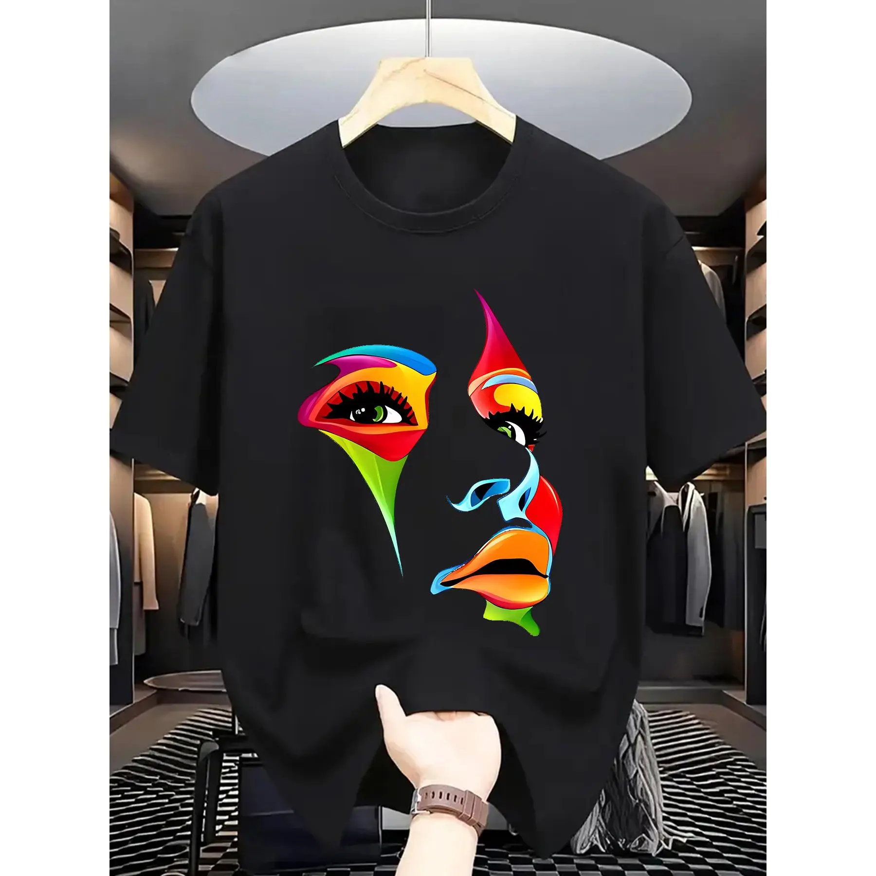 [100% Cotton] Men'S Summer Fashion Graphic T-Shirt - Short Sleeve, Round Neck, Light Blue With Vibrant Abstract Face Print, Casual Cotton Knit, Machine Washable, Summer Casual Wear |   Vibrant Graphic Tee |   Stretchy Fabric, T Shirt T-Shirt For Men And W