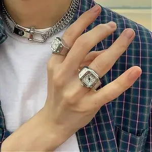 Colorful Watch Ring Women Men Retro Sliver Pointer Quartz Clock Finger Rings Punk Alloy Strap Watches Jewelry Accessories