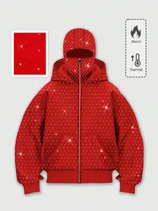 Full Rhinestone Balaclava Hoodie, Warm Full-Zip Face Mask Long Sleeve Sweatshirt, American Street Hip Hop Y2K Casual Style, Loose Fit Winter Top, Casual Streetwear Looks, Hoodie Sweatshirts