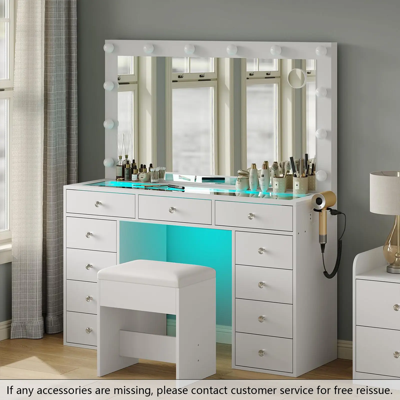 CollaredEagle Vanity Desk with Tempered Glass Topwith & Power Outlet, 11 Drawers Vanity Table with 3 RGB Drawers & Chair, Makeup Vanity with 12 LED Lights, Dressing Table for Bedroom,Dressing Room