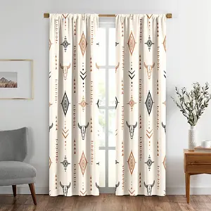 2pcs Western Curtains, Rustic Retro Aztec Bull Skull Southwest Tribal Farmhouse Rural County Cowboy Boho Beige Western Window Drape Treatments for Bedroom Living Room Kitchen