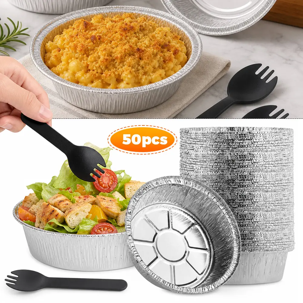 Thick Disposable Round Aluminum Foil Food Containers Set (50PCS) with Matching Bowls + Sporks, Ribbed Edge Leakproof Mini Tin Bowls for Party Use, Individual Meals, Catering Small Business Supplies