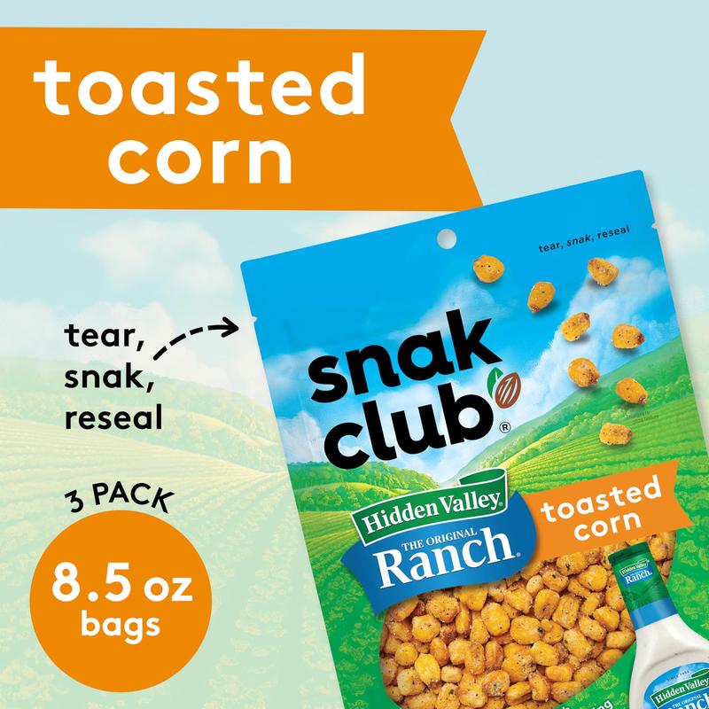 Snak Club Family Size Hidden Valley Ranch Toasted Corn E-Comm 8.5 Ounce, 3 Pack Bundle