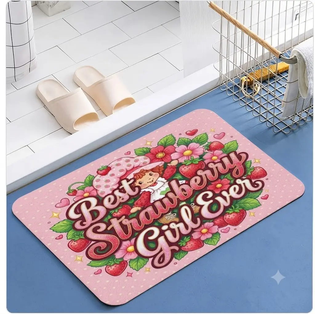 Strawberry Shortcake Welcome Mat Cute Retro Cartoon Doormat Non Slip Entry Rug Indoor Outdoor Front Porch Home Decor Gift for Strawberry Fans