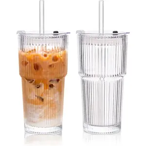 2 Pack 20 Oz Ribbed Glass Cups with Lid and Straw, Reusable Ice Coffee Mugs, Transparent Glassware for Home or Cafe