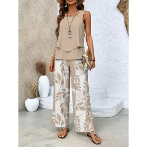 Printed Women's Long Pants and Sleeveless Top Set, Casual Versatile Comfortable