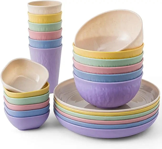 24-Piece Wheat Straw Dinnerware Set - Large Round Plates, Bowls, Cups, Unbreakable, Dishwasher & Microwave Safe, Ideal for Outdoor Camping