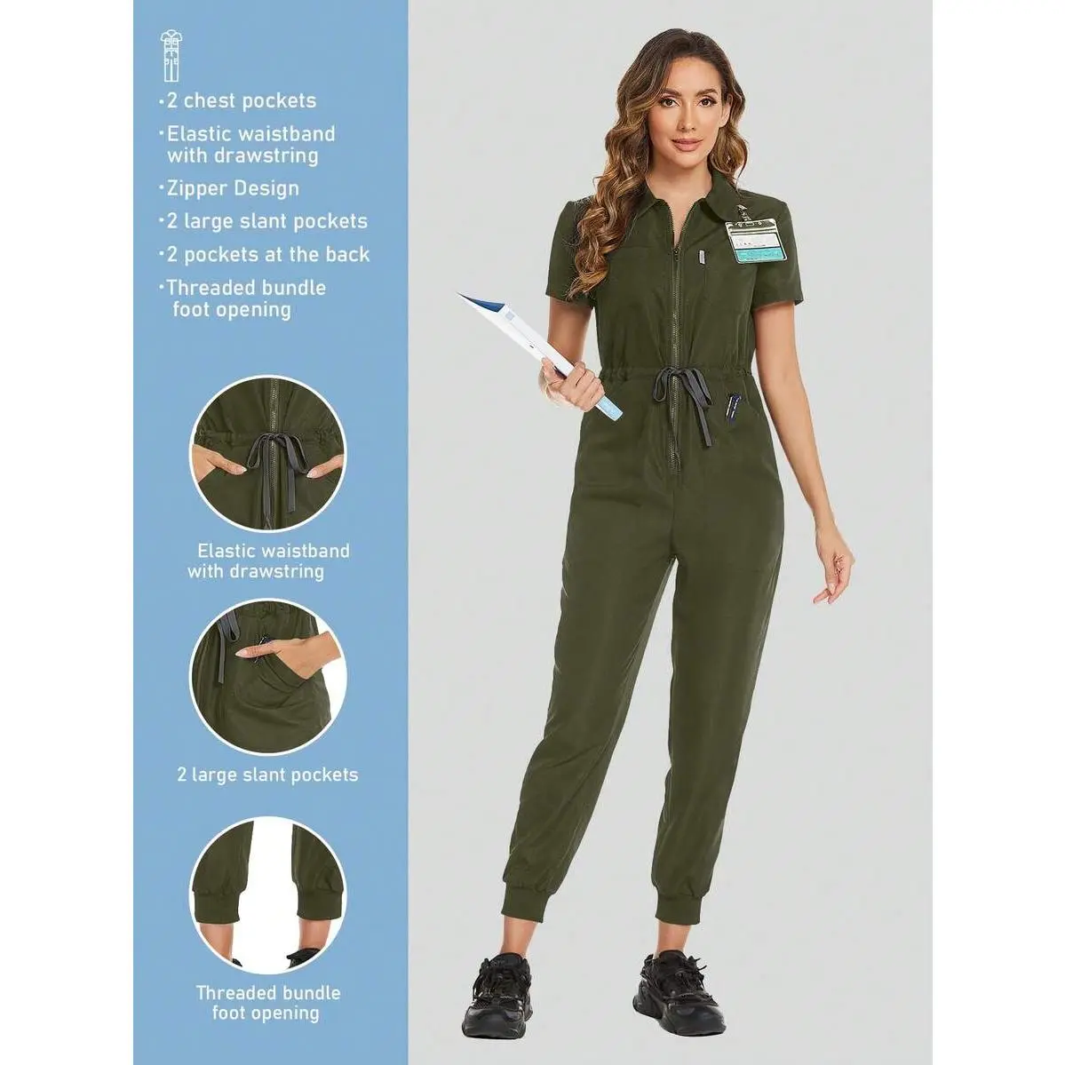 Cimmuovere Army Green Zipper Front Tie-Waist Casual Nursing V-Neck Scrubs Set with Pockets for Men and Women Regular Fit Short Sleeve Unlined Woven Fabric